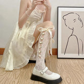 Cutout Lolita Knee High Socks With Ribbon and Flower | Lolita Outfits - KawaSocks